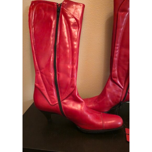Hugo Boss NOS 1990s Red Leather Knee-High Boots Paula DM 37 Made in Italy - Picture 13 of 14